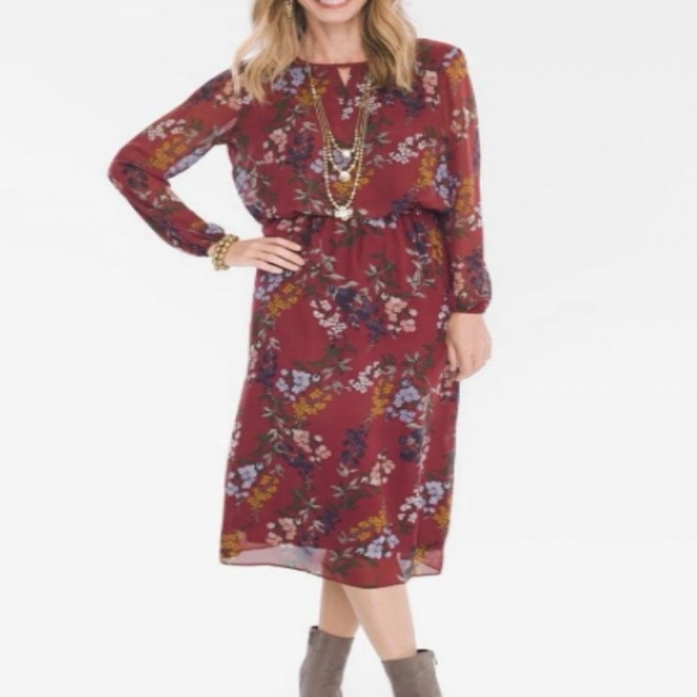 Chico's Burgundy Floral Long Sleeve Dress
